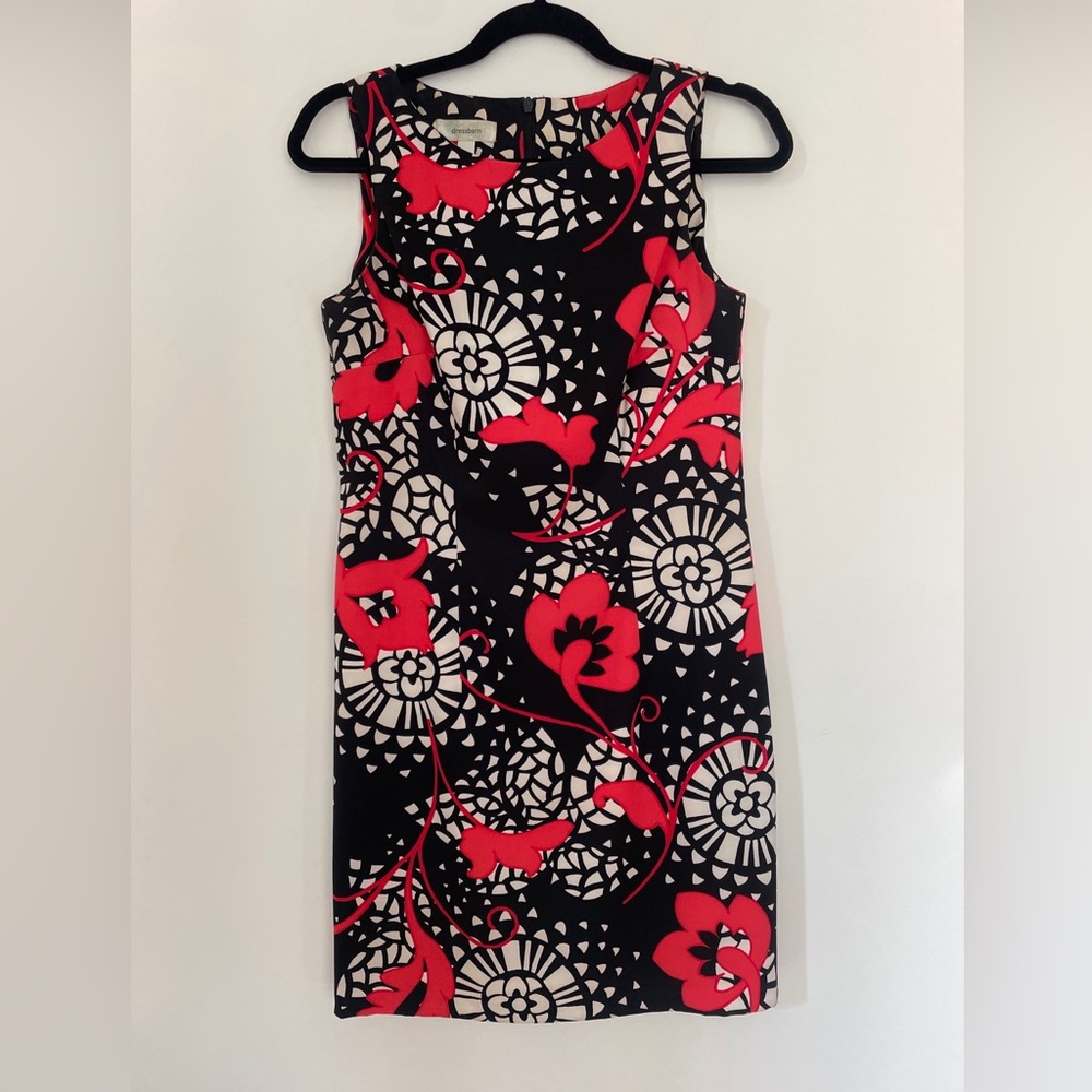 DressBarn Womens Black Shift Dress Orange White Floral Size 6 EUC